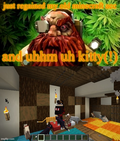 me n gang | just regained my old minecraft acc; and uhhm uh kitty(!) | image tagged in weed | made w/ Imgflip meme maker