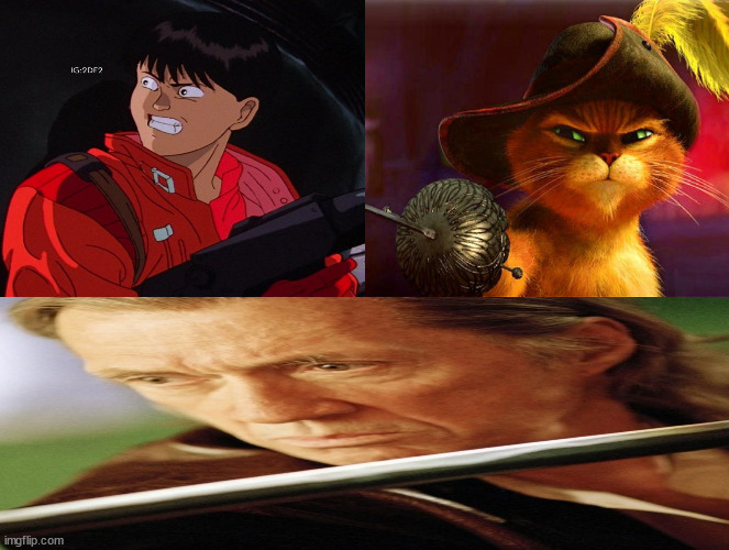 2 heroes and a villain | image tagged in heroes,villain,puss in boots,crossover,kill bill,shakira | made w/ Imgflip meme maker