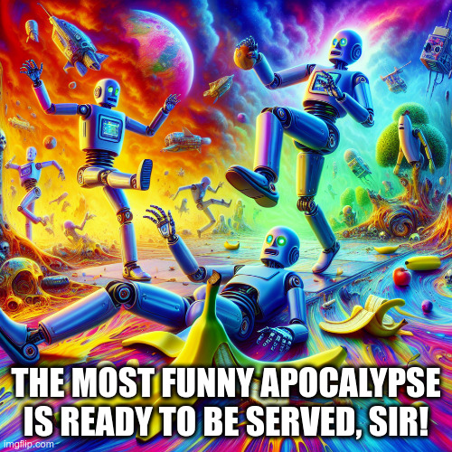 We are close | THE MOST FUNNY APOCALYPSE IS READY TO BE SERVED, SIR! | image tagged in robot | made w/ Imgflip meme maker