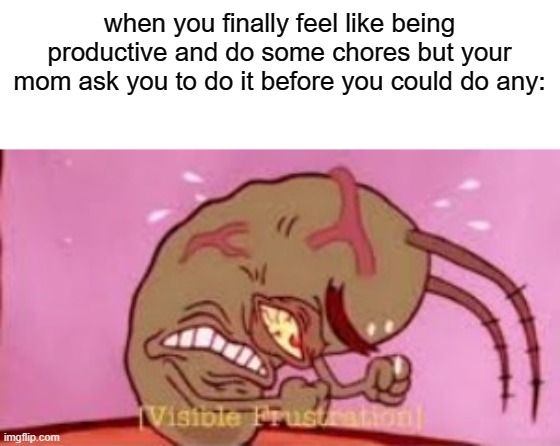 Visible Frustration | when you finally feel like being productive and do some chores but your mom ask you to do it before you could do any: | image tagged in visible frustration | made w/ Imgflip meme maker