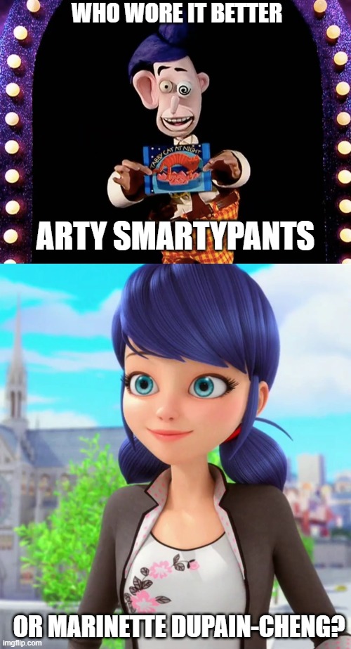 Who Wore It Better Wednesday #221 - Indigo hair | WHO WORE IT BETTER; ARTY SMARTYPANTS; OR MARINETTE DUPAIN-CHENG? | image tagged in memes,who wore it better,between the lions,miraculous ladybug,pbs kids,disney channel | made w/ Imgflip meme maker