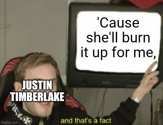 Sexyback - Justin Timberlake | 'Cause she'll burn it up for me, JUSTIN TIMBERLAKE | image tagged in and that's a fact,lyrics | made w/ Imgflip meme maker