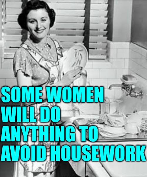 washing dishes | SOME WOMEN WILL DO ANYTHING TO AVOID HOUSEWORK | image tagged in washing dishes | made w/ Imgflip meme maker