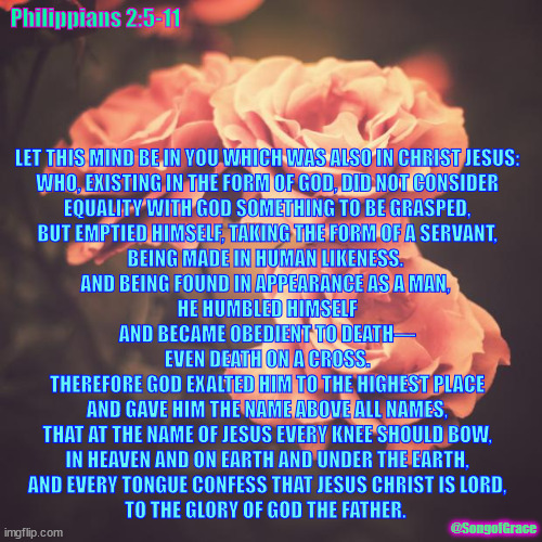 Philippians 2:5-11 | Philippians 2:5-11; LET THIS MIND BE IN YOU WHICH WAS ALSO IN CHRIST JESUS:
WHO, EXISTING IN THE FORM OF GOD, DID NOT CONSIDER
 EQUALITY WITH GOD SOMETHING TO BE GRASPED, 
BUT EMPTIED HIMSELF, TAKING THE FORM OF A SERVANT,
BEING MADE IN HUMAN LIKENESS. 
AND BEING FOUND IN APPEARANCE AS A MAN, 
HE HUMBLED HIMSELF
AND BECAME OBEDIENT TO DEATH—
EVEN DEATH ON A CROSS.
THEREFORE GOD EXALTED HIM TO THE HIGHEST PLACE
AND GAVE HIM THE NAME ABOVE ALL NAMES,
THAT AT THE NAME OF JESUS EVERY KNEE SHOULD BOW,
IN HEAVEN AND ON EARTH AND UNDER THE EARTH,
AND EVERY TONGUE CONFESS THAT JESUS CHRIST IS LORD,
TO THE GLORY OF GOD THE FATHER. @SongofGrace | image tagged in beautiful vintage flowers | made w/ Imgflip meme maker