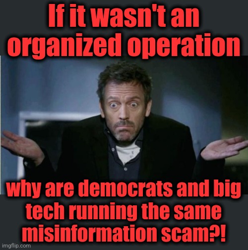 SHRUG | If it wasn't an organized operation why are democrats and big
tech running the same
misinformation scam?! | image tagged in shrug | made w/ Imgflip meme maker