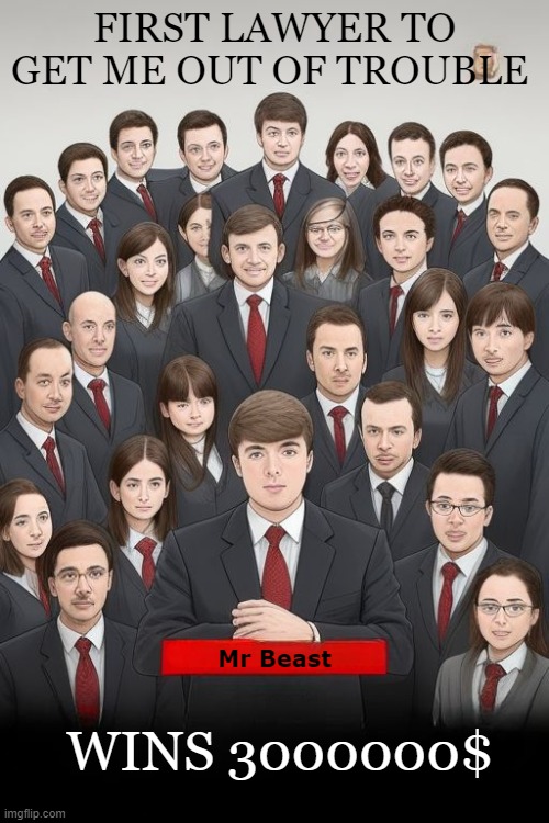 Mr. Beast's next video: | FIRST LAWYER TO GET ME OUT OF TROUBLE; Mr Beast; WINS 3000000$ | image tagged in memes,funny,fun,meme | made w/ Imgflip meme maker