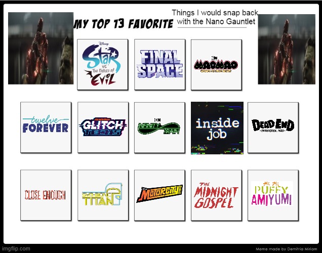 My Top 13 Favorite Things/Shows I would snap back with the Nano Gauntlet | image tagged in final space,star vs the forces of evil,inside job,mao mao heroes of pure heart,infinity train,glitch techs | made w/ Imgflip meme maker