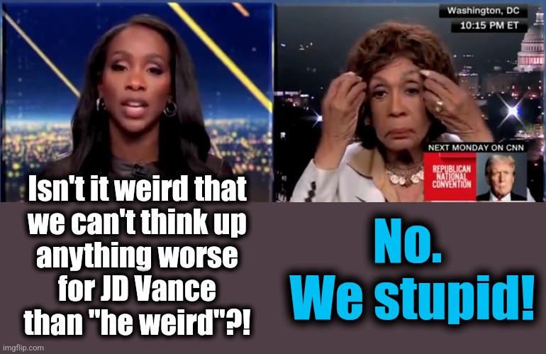 Pathetic. | Isn't it weird that
we can't think up
anything worse
for JD Vance
than "he weird"?! No.  We stupid! | image tagged in memes,democrats,jd vance,weird,mainstream media | made w/ Imgflip meme maker