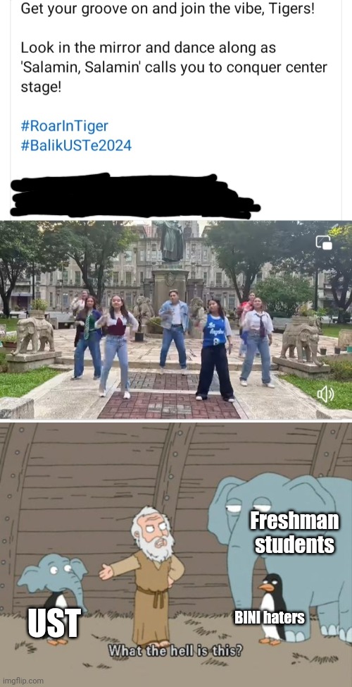 WTF UST?!!, Why would you use Salamin, Salamin as the dance song for the welcome back day?! | Freshman students; BINI haters; UST | image tagged in what the hell is this,funny,philippines,ust,bini sucks | made w/ Imgflip meme maker