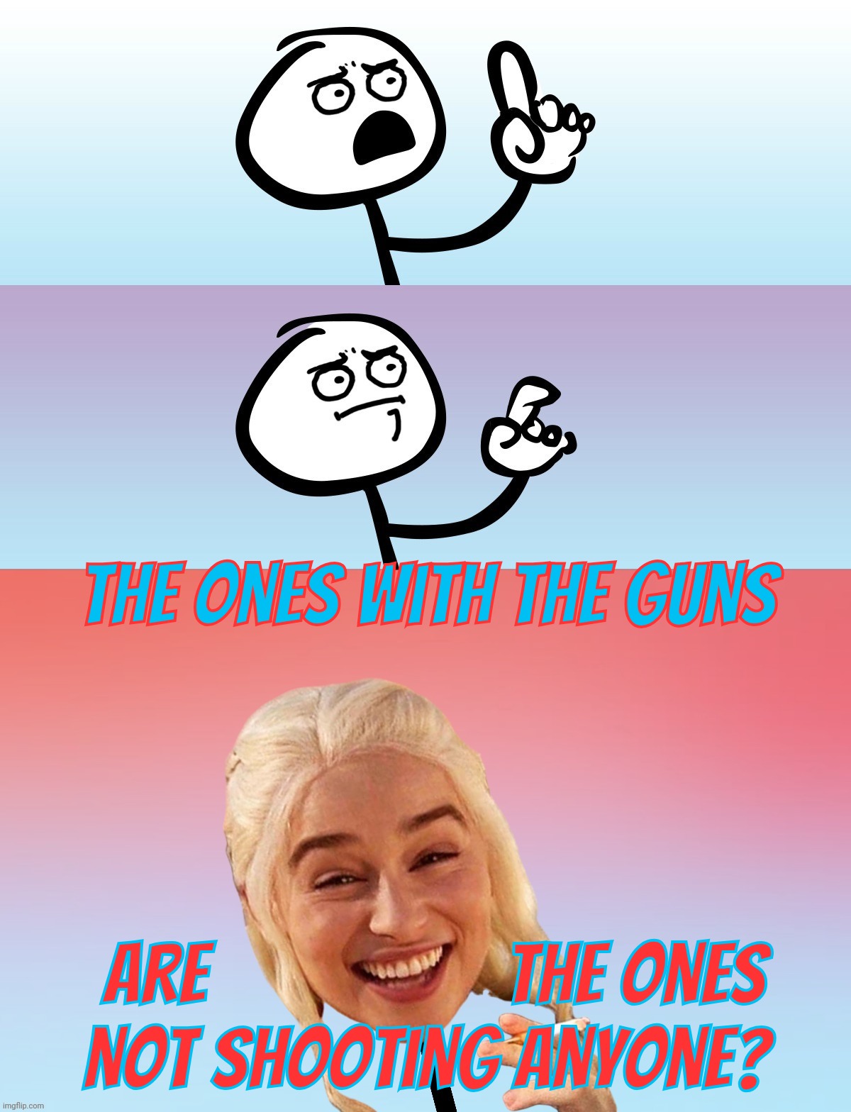 Right Wing gun nutters claiming they're not the ones using the guns that they use to kill people with to kill | The ones with the guns; Are                  the ones
not shooting anyone? | image tagged in um wait on second thought,right wing nut jobs,gun nutters,shooters,they've run out of things to hunt,conservative hypocrisy | made w/ Imgflip meme maker