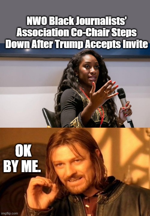 NWO Black Journalists’ Association Co-Chair Steps Down After Trump Accepts Invite; OK BY ME. | image tagged in memes,one does not simply | made w/ Imgflip meme maker