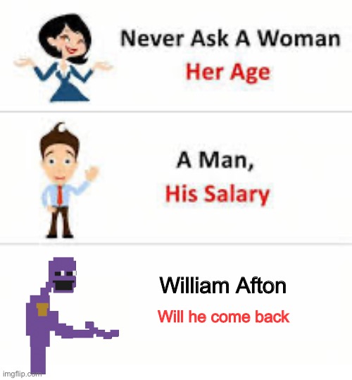 I’m not gay yuh | William Afton; Will he come back | image tagged in never ask a woman her age | made w/ Imgflip meme maker