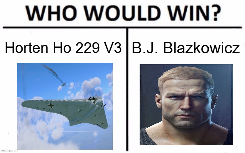 Who Would Win? | Horten Ho 229 V3; B.J. Blazkowicz | image tagged in memes,who would win | made w/ Imgflip meme maker