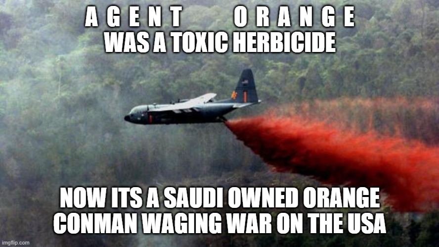 agent orange and locust swarm | A  G  E  N  T            O  R  A  N  G  E
WAS A TOXIC HERBICIDE; NOW ITS A SAUDI OWNED ORANGE CONMAN WAGING WAR ON THE USA | image tagged in agent orange and locust swarm | made w/ Imgflip meme maker