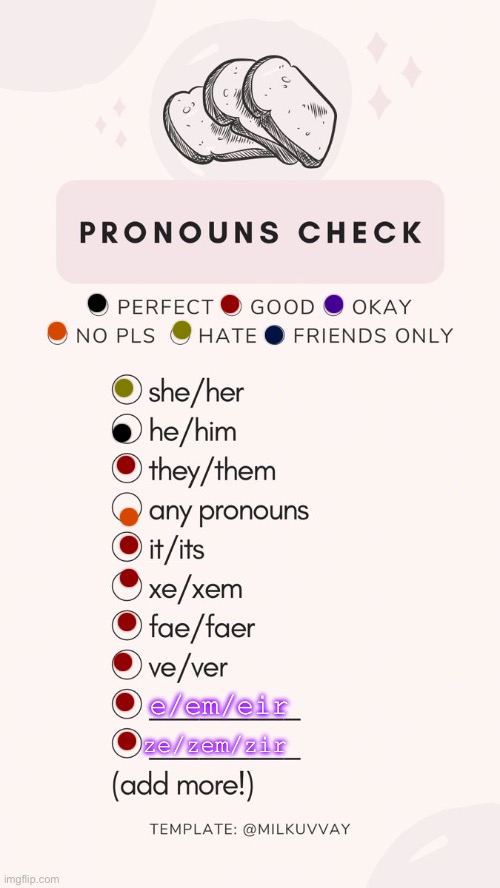 :D | e/em/eir; ze/zem/zir | image tagged in pronoun check | made w/ Imgflip meme maker