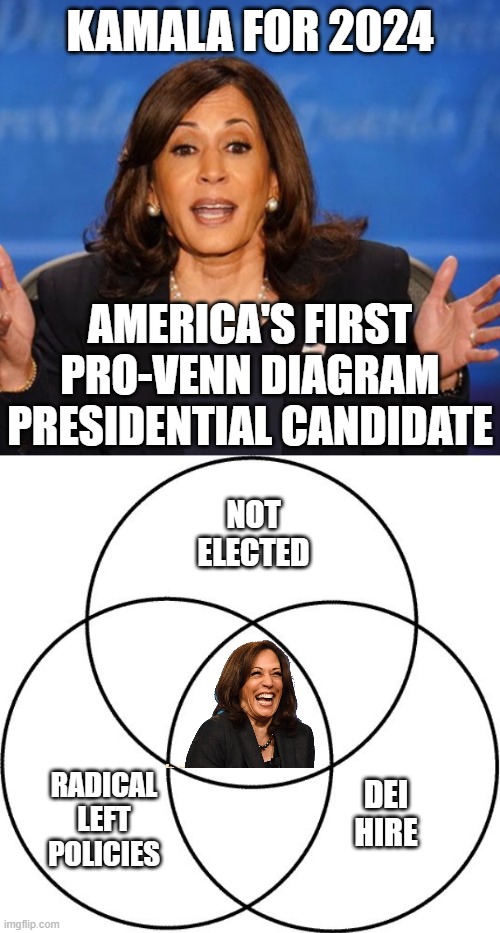 KAMALA FOR 2024; AMERICA'S FIRST PRO-VENN DIAGRAM PRESIDENTIAL CANDIDATE; NOT ELECTED; RADICAL LEFT POLICIES; DEI HIRE | image tagged in kamala harris,venn diagram | made w/ Imgflip meme maker