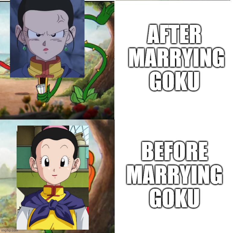 Cuphead Flower | AFTER  MARRYING GOKU; BEFORE MARRYING GOKU | image tagged in cuphead flower | made w/ Imgflip meme maker