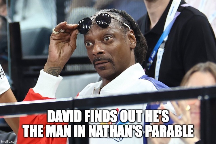 Nathan the Prophet Confronts King David | DAVID FINDS OUT HE'S THE MAN IN NATHAN'S PARABLE | image tagged in king david,bible | made w/ Imgflip meme maker