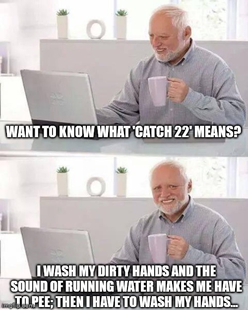 Into infinity | WANT TO KNOW WHAT 'CATCH 22' MEANS? I WASH MY DIRTY HANDS AND THE SOUND OF RUNNING WATER MAKES ME HAVE TO PEE; THEN I HAVE TO WASH MY HANDS... | image tagged in memes,hide the pain harold | made w/ Imgflip meme maker