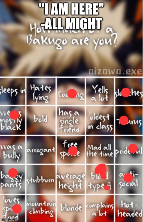 How much of Bakugo are you | "I AM HERE" -ALL MIGHT | image tagged in how much of bakugo are you | made w/ Imgflip meme maker