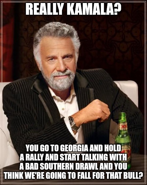 Hillary Clinton talked like what she thought all black people talked like once. These weirdos think we're stupid. | REALLY KAMALA? YOU GO TO GEORGIA AND HOLD A RALLY AND START TALKING WITH A BAD SOUTHERN DRAWL AND YOU THINK WE'RE GOING TO FALL FOR THAT BULL? | image tagged in memes,the most interesting man in the world,kamala harris,democrats | made w/ Imgflip meme maker