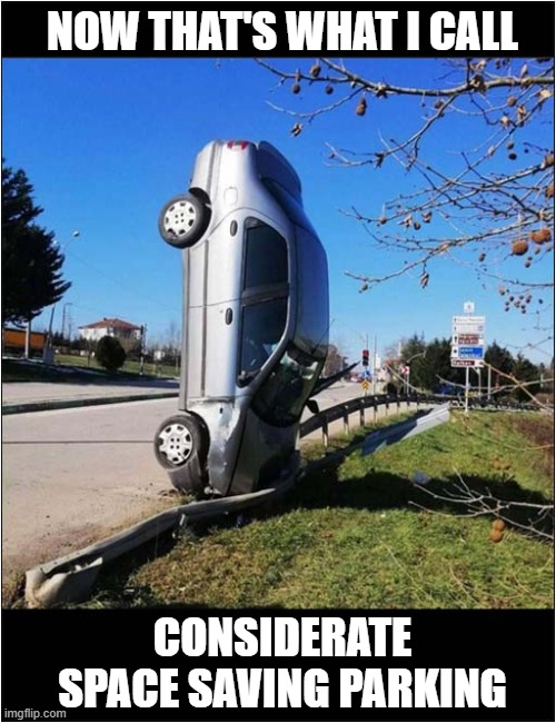 Ta Dah ! | NOW THAT'S WHAT I CALL; CONSIDERATE SPACE SAVING PARKING | image tagged in fun,car,upright,parking | made w/ Imgflip meme maker