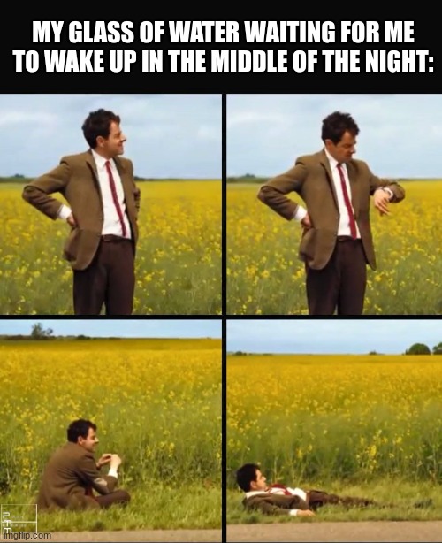 Not going to wait until morning | MY GLASS OF WATER WAITING FOR ME TO WAKE UP IN THE MIDDLE OF THE NIGHT: | image tagged in mr bean waiting,memes,funny,relatable | made w/ Imgflip meme maker