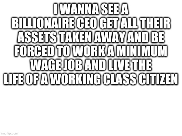 Who agrees | I WANNA SEE A BILLIONAIRE CEO GET ALL THEIR ASSETS TAKEN AWAY AND BE FORCED TO WORK A MINIMUM WAGE JOB AND LIVE THE LIFE OF A WORKING CLASS CITIZEN | image tagged in communist,leftist,billionaire | made w/ Imgflip meme maker
