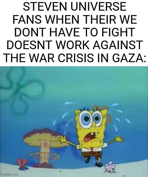 they are dead | STEVEN UNIVERSE FANS WHEN THEIR WE DONT HAVE TO FIGHT DOESNT WORK AGAINST THE WAR CRISIS IN GAZA: | image tagged in spongebob running from the inevitable,steven universe,fans,war,gaza | made w/ Imgflip meme maker