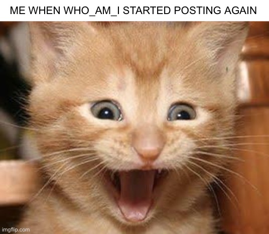 :) | ME WHEN WHO_AM_I STARTED POSTING AGAIN | image tagged in memes,excited cat,who_am_i,came back | made w/ Imgflip meme maker