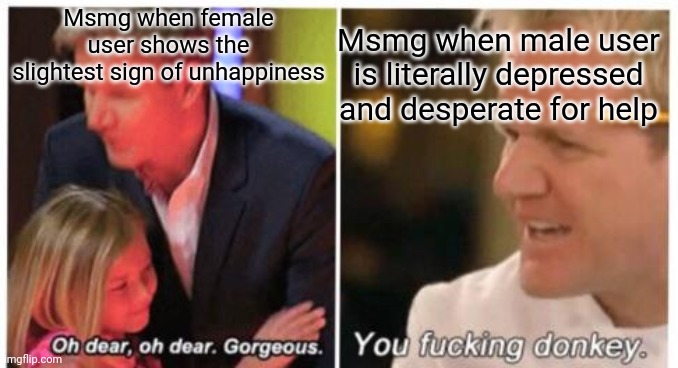 you fucking donkey | Msmg when female user shows the slightest sign of unhappiness; Msmg when male user is literally depressed and desperate for help | image tagged in you fucking donkey | made w/ Imgflip meme maker