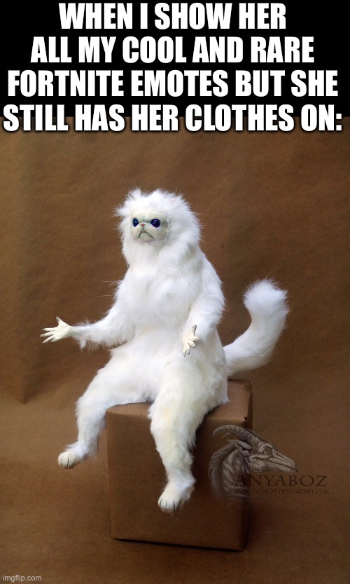 Why? | WHEN I SHOW HER ALL MY COOL AND RARE FORTNITE EMOTES BUT SHE STILL HAS HER CLOTHES ON: | image tagged in memes,persian cat room guardian single | made w/ Imgflip meme maker