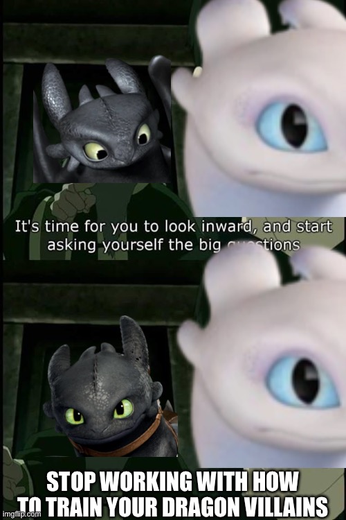 How to train your dragon meme | STOP WORKING WITH HOW TO TRAIN YOUR DRAGON VILLAINS | image tagged in iroh big questions | made w/ Imgflip meme maker