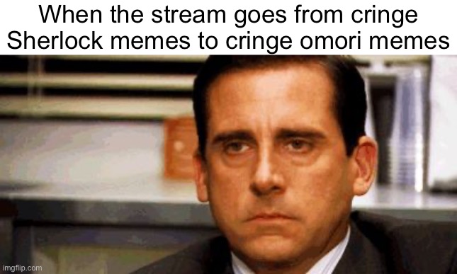Steve Carell | When the stream goes from cringe Sherlock memes to cringe omori memes | image tagged in steve carell | made w/ Imgflip meme maker