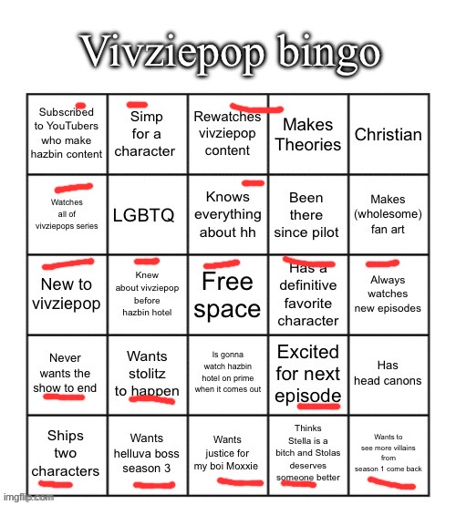 Vivziepop bingo | image tagged in vivziepop bingo | made w/ Imgflip meme maker