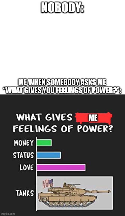 General tank meme for curing boredom (if possible) | NOBODY:; ME WHEN SOMEBODY ASKS ME “WHAT GIVES YOU FEELINGS OF POWER?”:; ME | image tagged in tank,meme,tank meme,funny | made w/ Imgflip meme maker