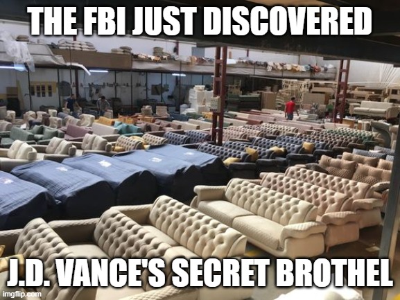 J.D. Vance's Secret Brothel | THE FBI JUST DISCOVERED; J.D. VANCE'S SECRET BROTHEL | image tagged in lots of couches,jd vance,couch,sofa,fbi | made w/ Imgflip meme maker