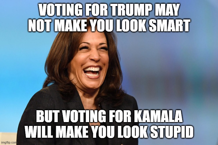 Kamala Harris laughing | VOTING FOR TRUMP MAY NOT MAKE YOU LOOK SMART; BUT VOTING FOR KAMALA WILL MAKE YOU LOOK STUPID | image tagged in kamala harris laughing | made w/ Imgflip meme maker