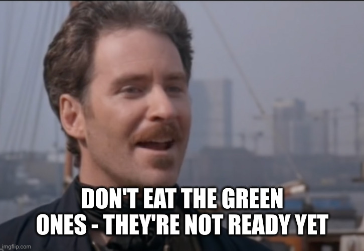 Fish Called Wanda 1 | DON'T EAT THE GREEN ONES - THEY'RE NOT READY YET | image tagged in fish called wanda 1 | made w/ Imgflip meme maker