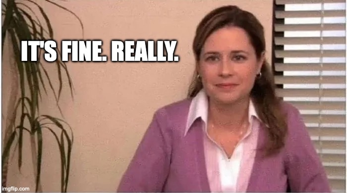 It's fine. Really. | IT'S FINE. REALLY. | image tagged in office pam | made w/ Imgflip meme maker