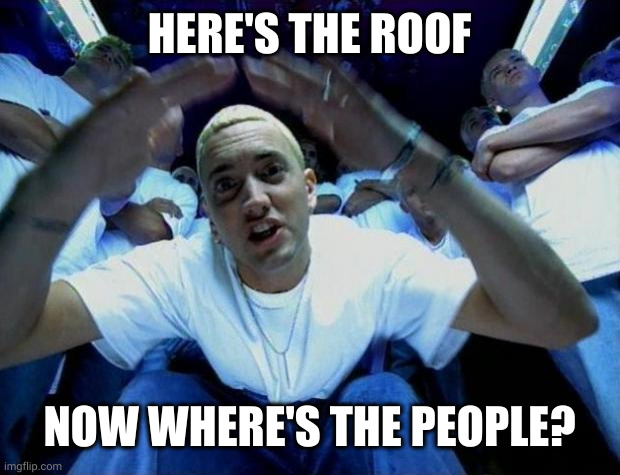 Real Slim Shady | HERE'S THE ROOF NOW WHERE'S THE PEOPLE? | image tagged in real slim shady | made w/ Imgflip meme maker