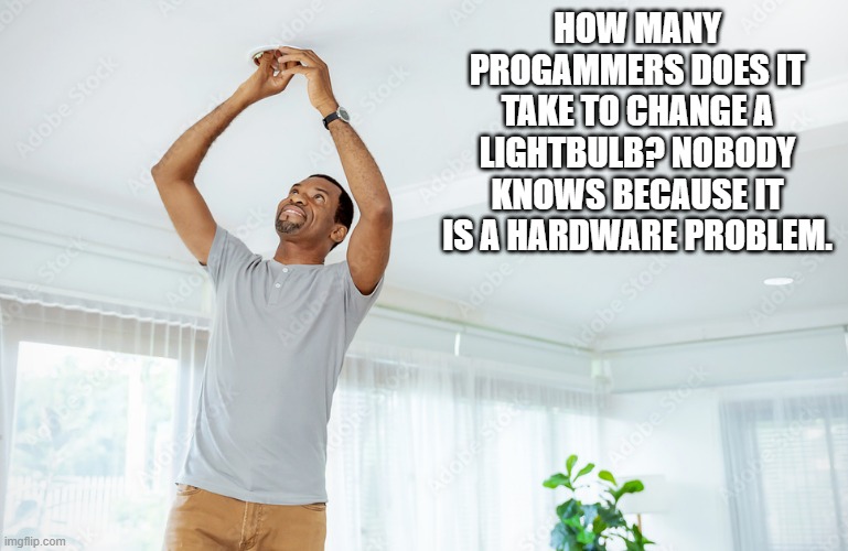 memes by Brad - How many programmers does it take to change a lightbulb? | HOW MANY PROGAMMERS DOES IT TAKE TO CHANGE A LIGHTBULB? NOBODY KNOWS BECAUSE IT IS A HARDWARE PROBLEM. | image tagged in funny,gaming,programmers,computer,lightbulb,humor | made w/ Imgflip meme maker