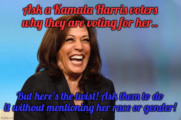 They will 100% be speechless ;) | Ask a Kamala Harris voters why they are voting for her.. But here’s the twist! Ask them to do it without mentioning her race or gender! | image tagged in kamala harris laughing | made w/ Imgflip meme maker