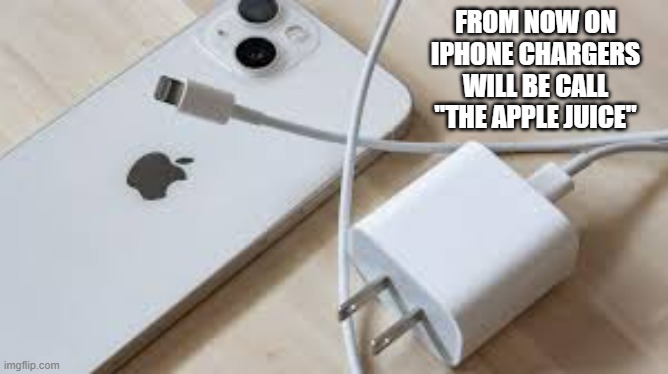 memes by Brad - iPhone chargers are now call "The Apple Juice" | FROM NOW ON IPHONE CHARGERS WILL BE CALL "THE APPLE JUICE" | image tagged in funny,gaming,iphone,charger,apple,humor | made w/ Imgflip meme maker