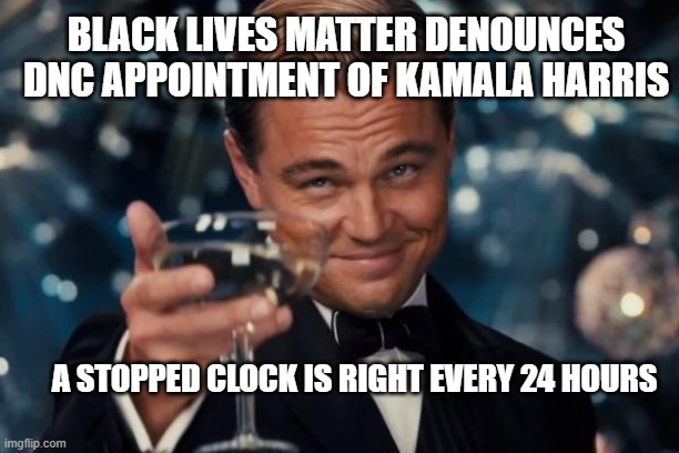 Leonardo Dicaprio Cheers Meme | BLACK LIVES MATTER DENOUNCES DNC APPOINTMENT OF KAMALA HARRIS; A STOPPED CLOCK IS RIGHT EVERY 24 HOURS | image tagged in memes,leonardo dicaprio cheers | made w/ Imgflip meme maker