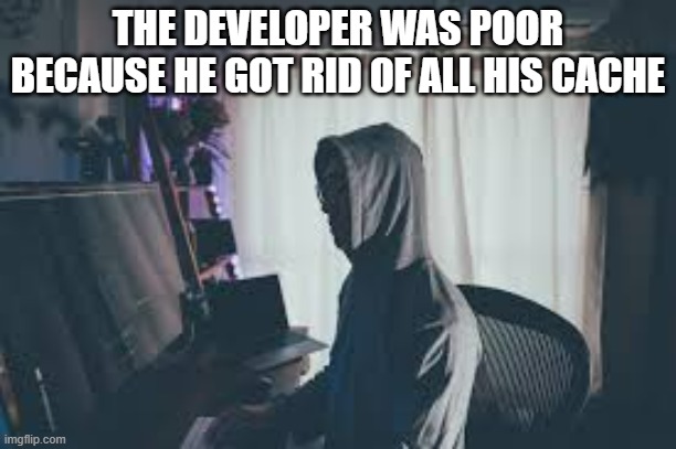 memes by Brad - Computer programmer was poor because he got rid of his cache | THE DEVELOPER WAS POOR BECAUSE HE GOT RID OF ALL HIS CACHE | image tagged in funny,gaming,programmers,computer,video games,humor | made w/ Imgflip meme maker