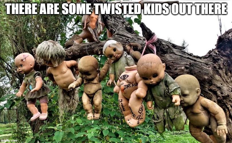 Dolls | THERE ARE SOME TWISTED KIDS OUT THERE | image tagged in cursed image | made w/ Imgflip meme maker