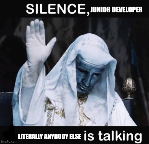 Shh, the big boys are talking now | JUNIOR DEVELOPER; LITERALLY ANYBODY ELSE | image tagged in silence x a y is talking | made w/ Imgflip meme maker