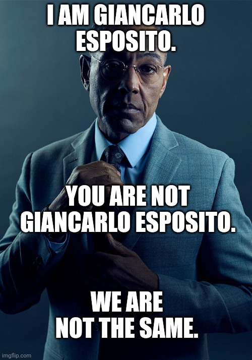 We are not the same | I AM GIANCARLO ESPOSITO. YOU ARE NOT GIANCARLO ESPOSITO. WE ARE NOT THE SAME. | image tagged in gus fring we are not the same | made w/ Imgflip meme maker