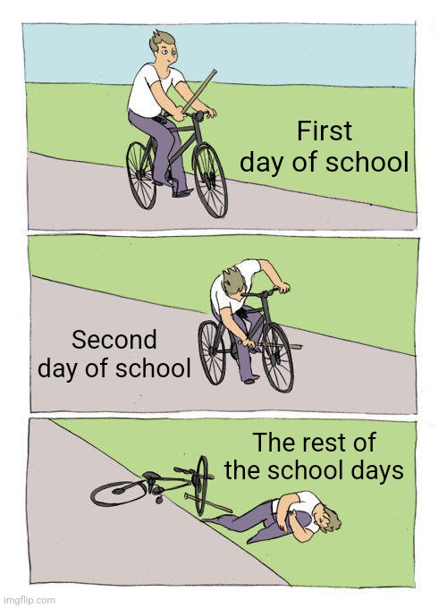 I wish schools wouldn't be that much miserable... | First day of school; Second day of school; The rest of the school days | image tagged in memes,bike fall,school,funny,relatable,oh wow are you actually reading these tags | made w/ Imgflip meme maker